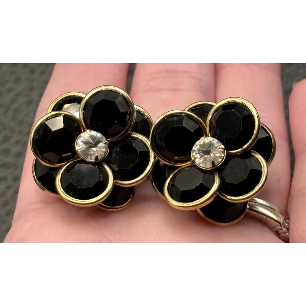 VTG Flower Clip-On Earrings Bezel Set Black Glass Station Rhinestone Crystal